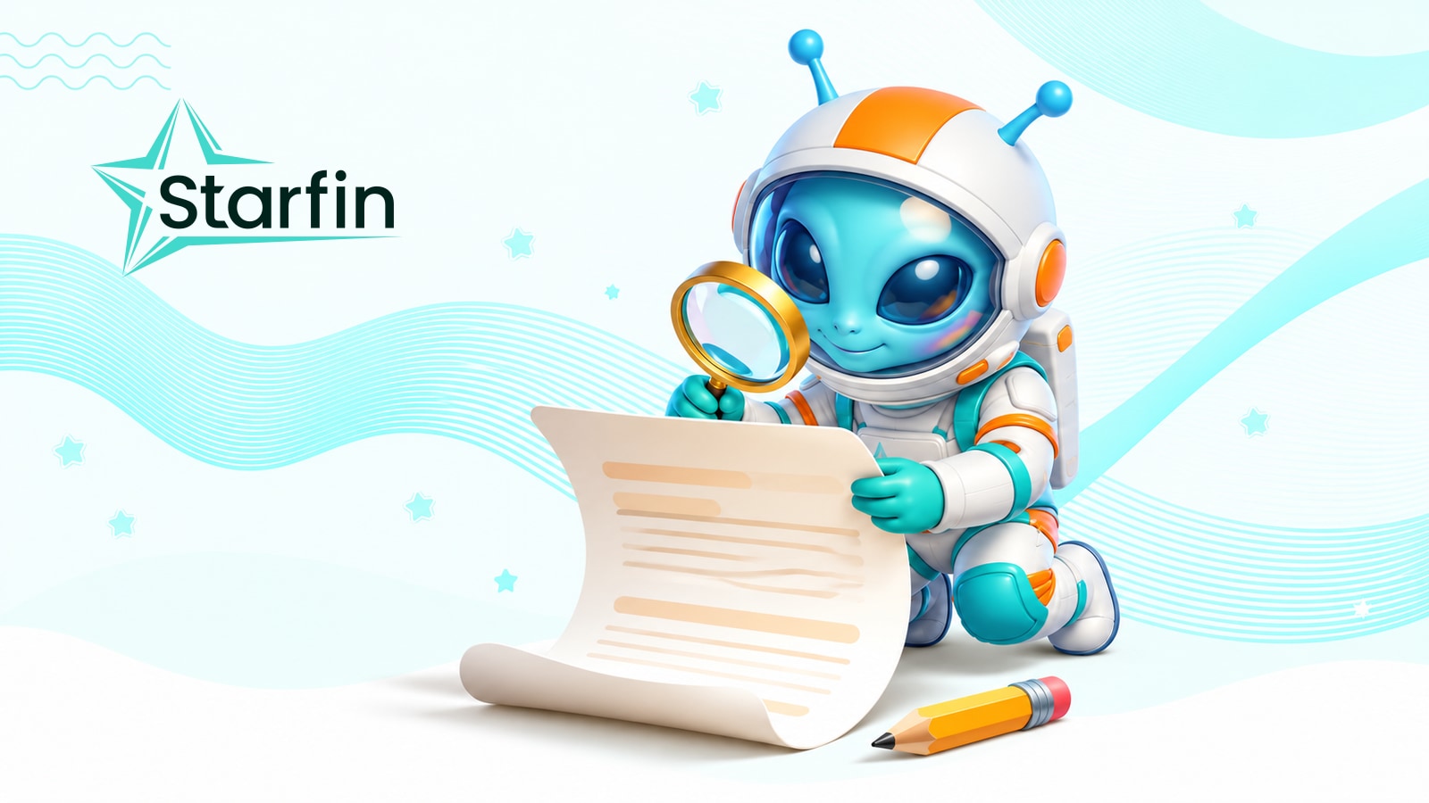 Помилка у кредитній історії: персонаж Starfin перевіряє документ крізь лупу на світлому тлі з бірюзовими хвилями.