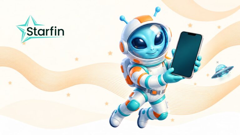 Персонаж Starfin у скафандрі тримає смартфон; ліворуч розміщено логотип компанії