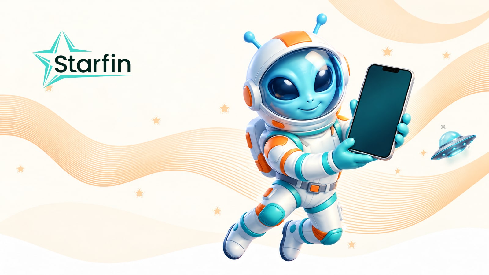 Персонаж Starfin у скафандрі тримає смартфон; ліворуч розміщено логотип компанії