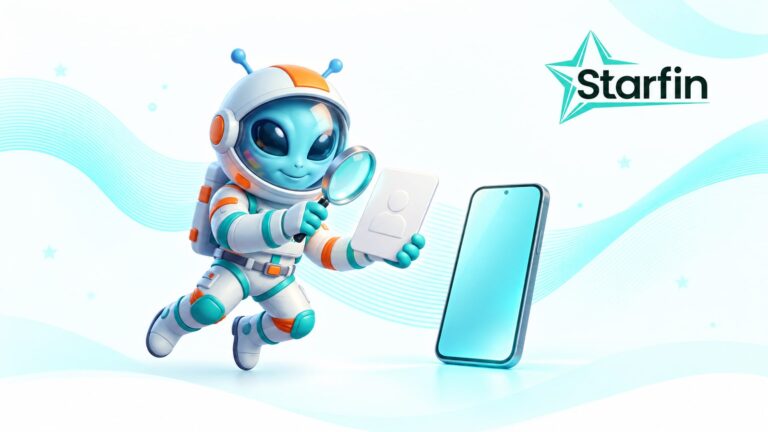 Персонаж Starfin зі смартфоном за столом із документами та банківською карткою — підготовка до подання кредитної заявки