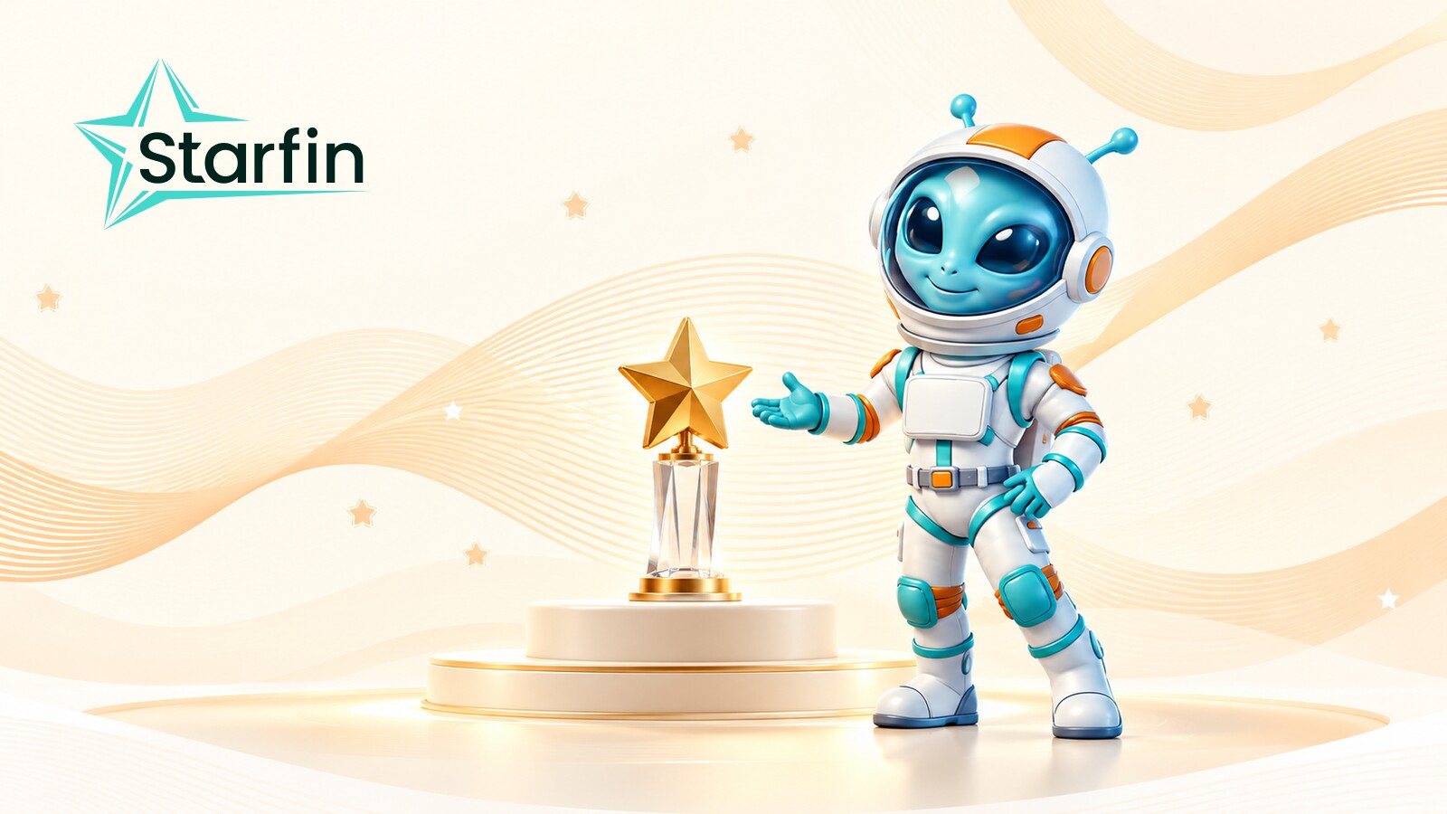 Персонаж Starfin у скафандрі поруч із золотистою нагородою у формі зірки на світлому тлі з логотипом компанії