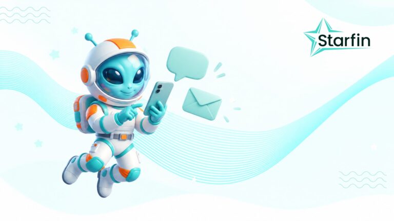 Персонаж Starfin зі смартфоном поруч із символами повідомлення та електронного листа на світлому бірюзовому тлі.