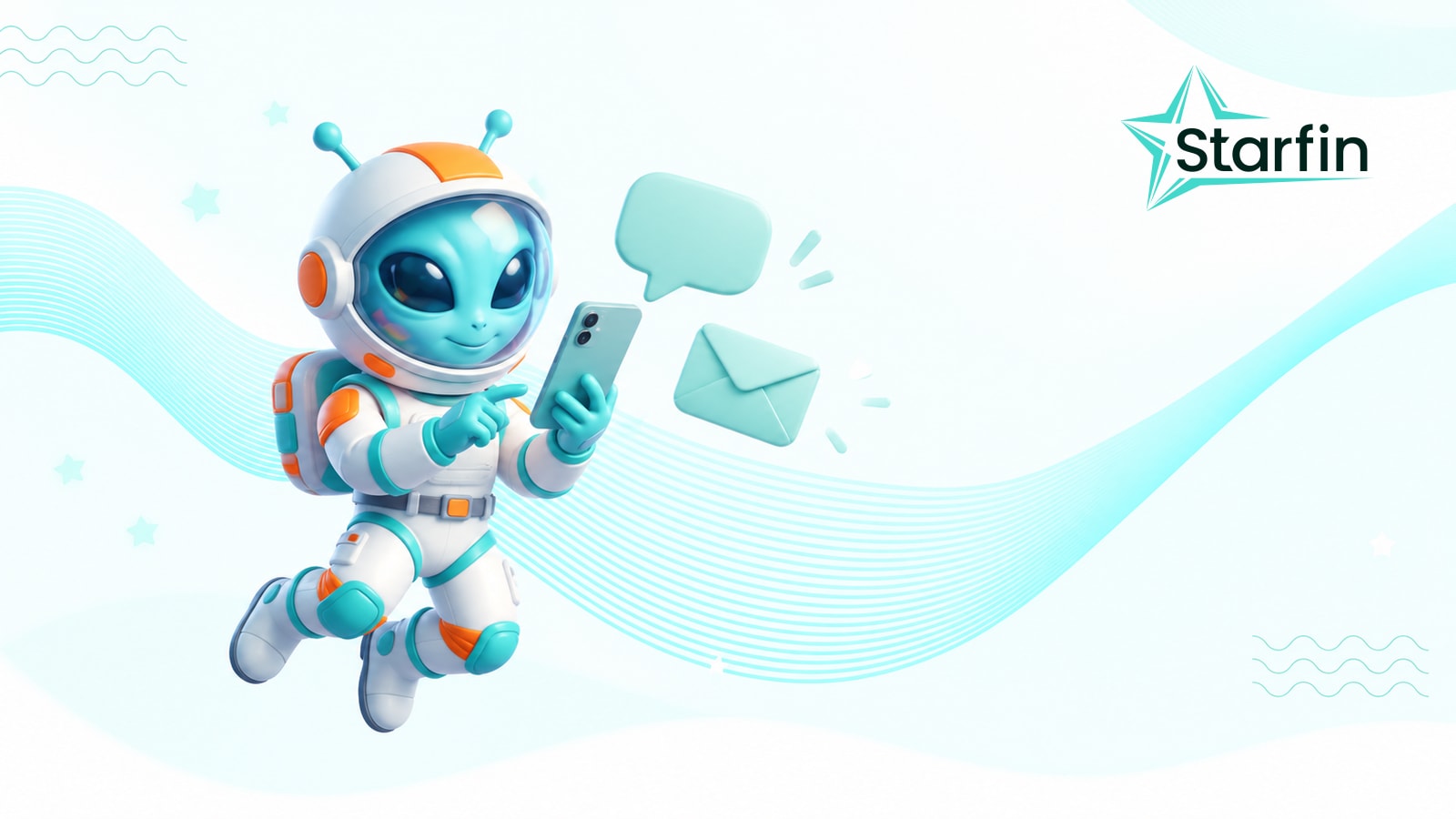 Персонаж Starfin зі смартфоном поруч із символами повідомлення та електронного листа на світлому бірюзовому тлі.