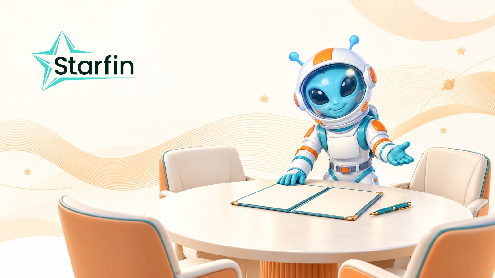 Маскот Starfin біля круглого столу з відкритою папкою та ручкою — ілюстрація співпраці учасників кредитного ринку.