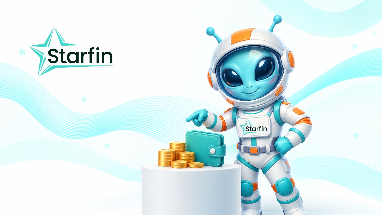 Кредит онлайн 50 000 грн на картку: маскот Starfin із логотипом на грудях біля гаманця та монет