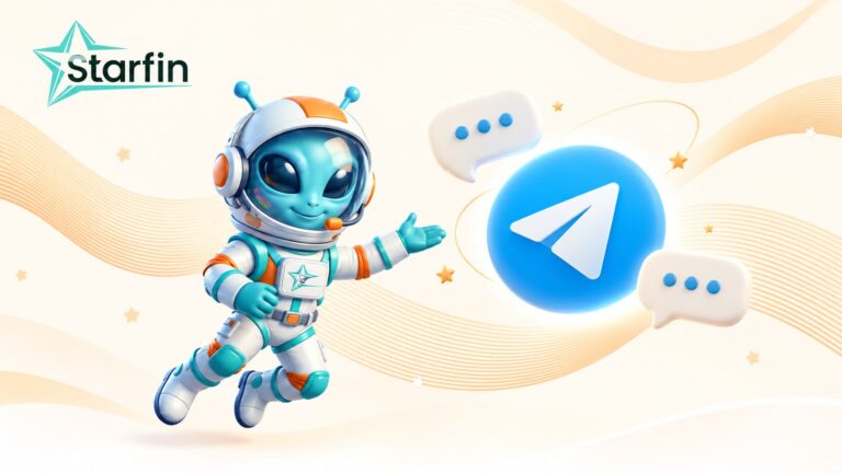 Підтримка Starfin тепер у Telegram: персонаж Starfin у гарнітурі поруч із символом Telegram та бульбашками повідомлень.