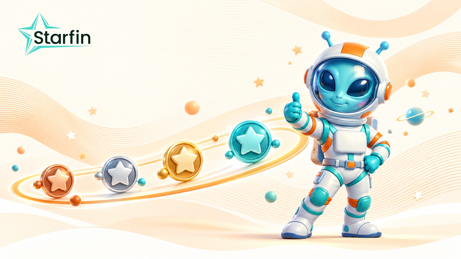 Маскот Starfin біля чотирьох зіркових медальйонів, що символізують рівні програми лояльності StarWay