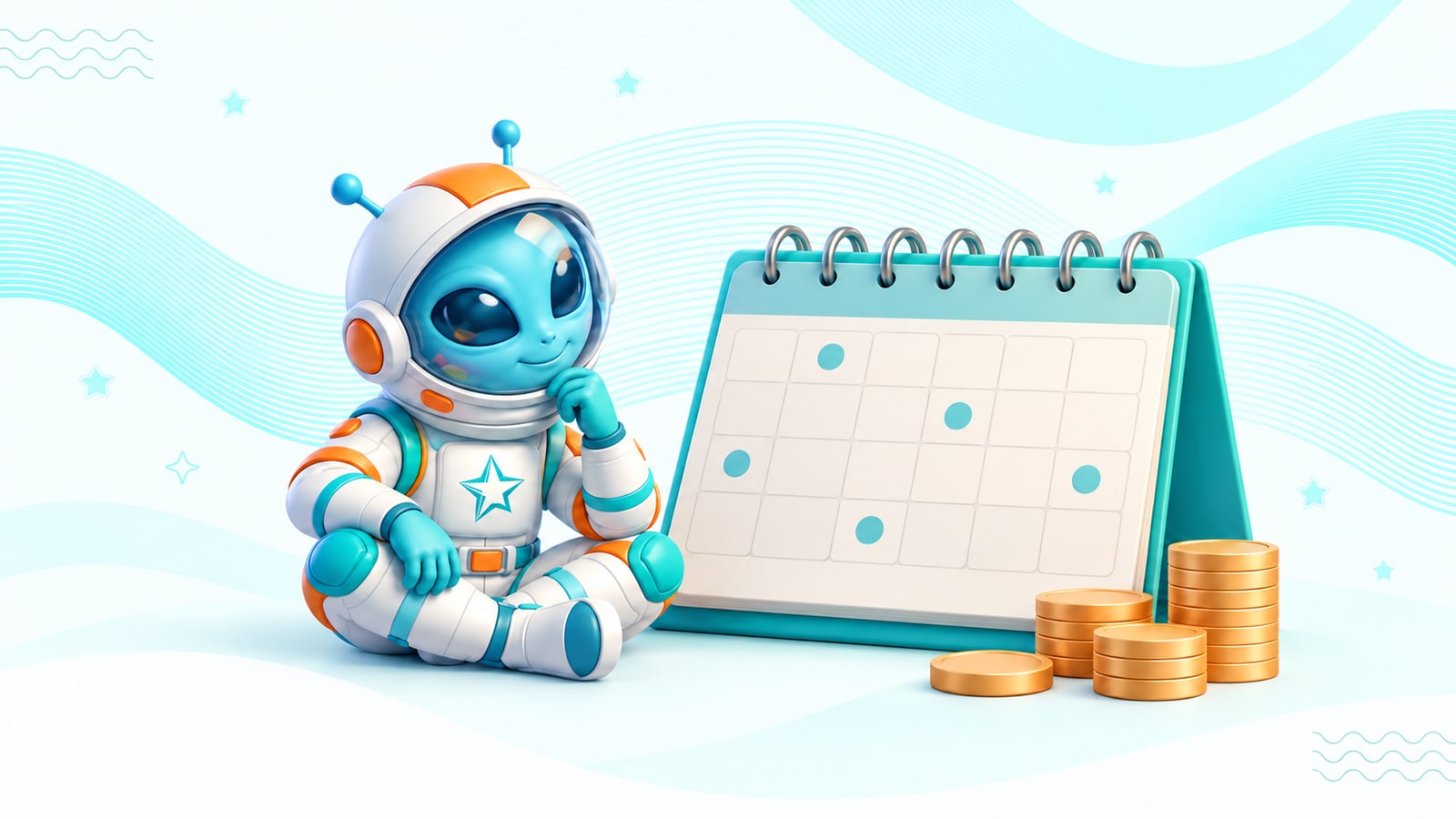 Персонаж Starfin із фірмовою зіркою біля календаря та монет — ілюстрація планування кредитних платежів.