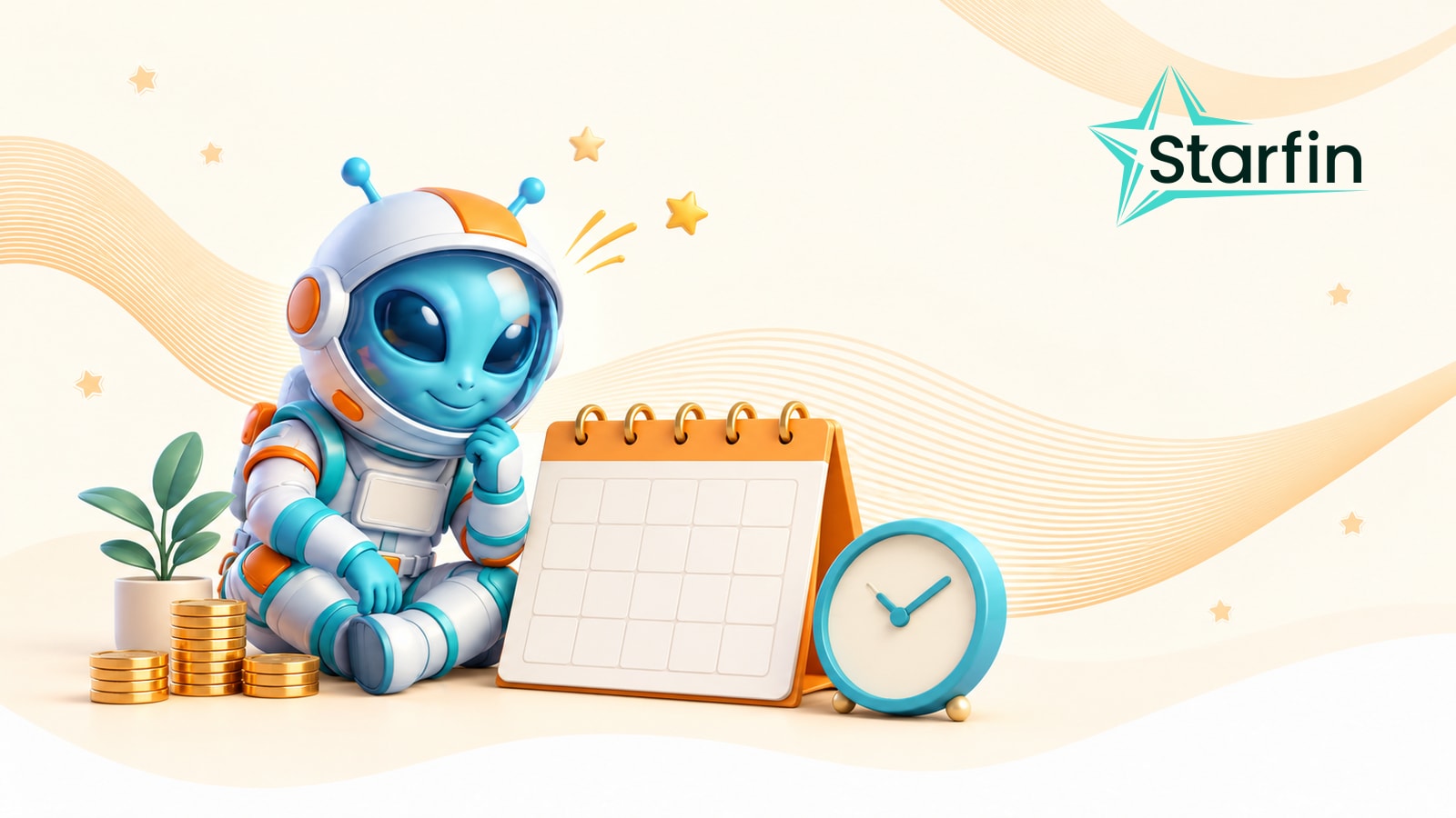 Оновлені умови кредитування Starfin - персонаж Starfin сидить біля календаря та годинника